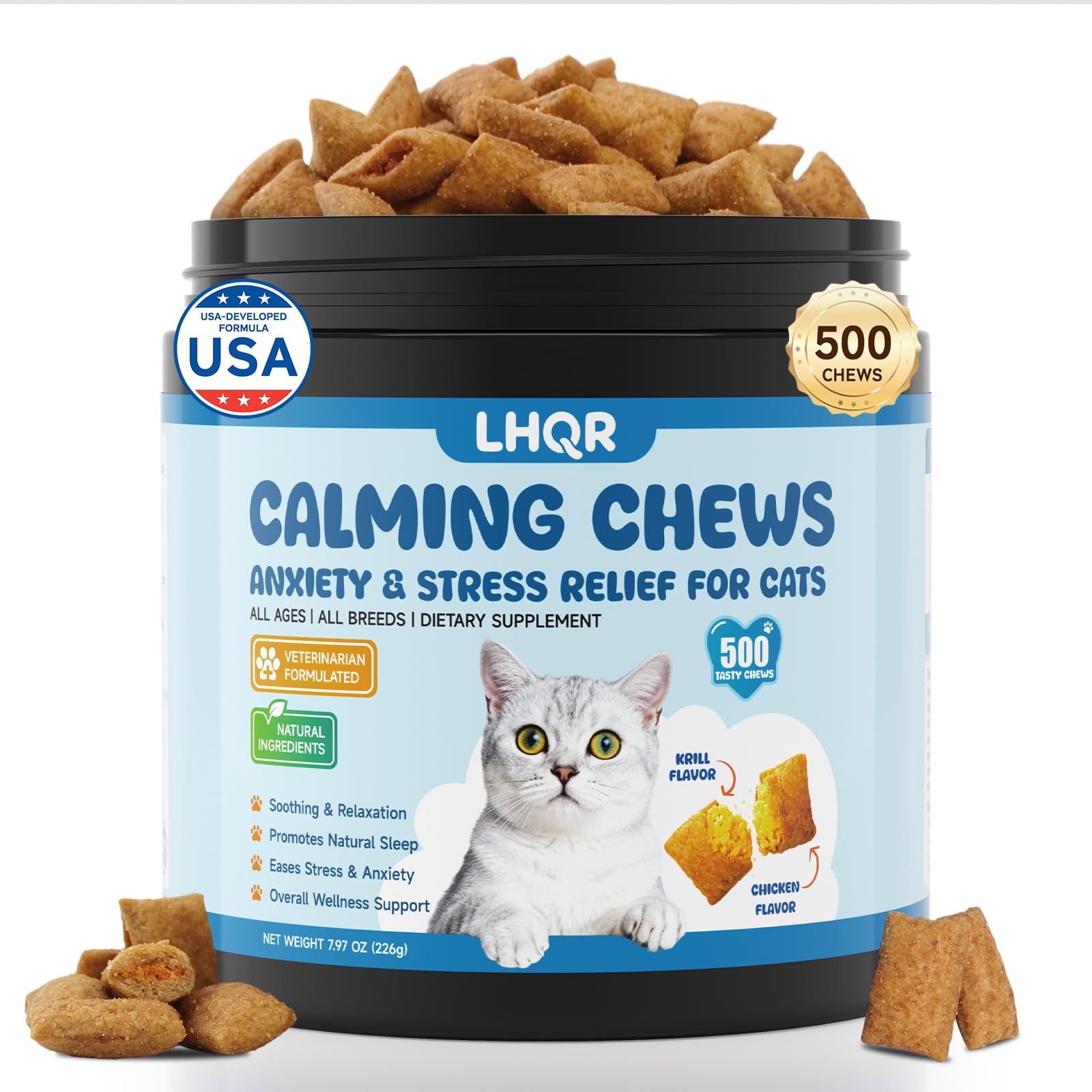 500 Calming Chews for Cats, Helps Reduce Stress with Melatonin, Relaxation for Travel, Boarding,Separation, Grooming Anxiety -with Ashwagandha, Organic Chamomile, L-Theanine & L-Tryptophan Chicken