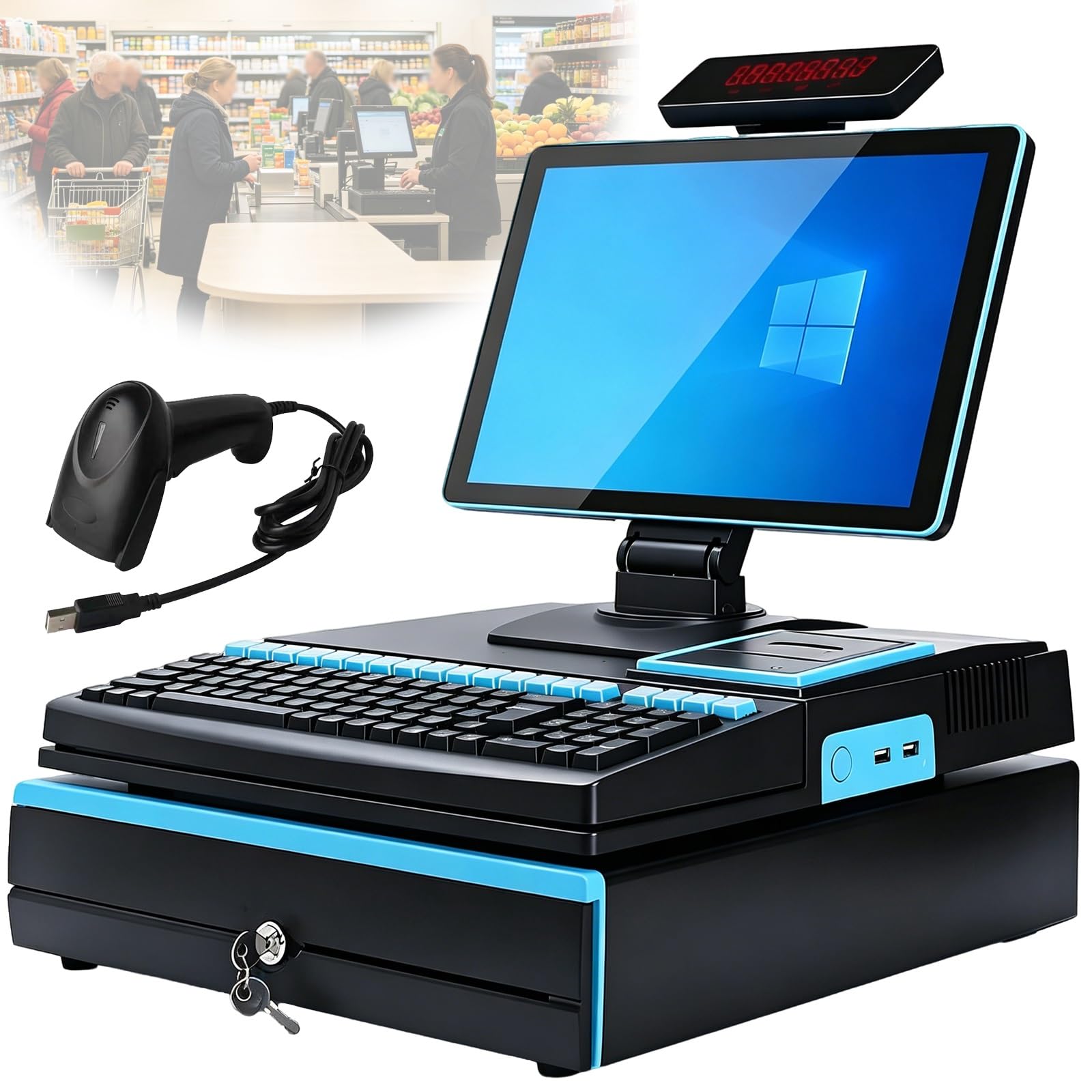Registratore di cassa POS, registratore di cassa intelligente | Con touch screen da 15,6", tastiera, cassetto contanti, stampante e scanner, for vendita al dettaglio(Blue,SingleScreen)