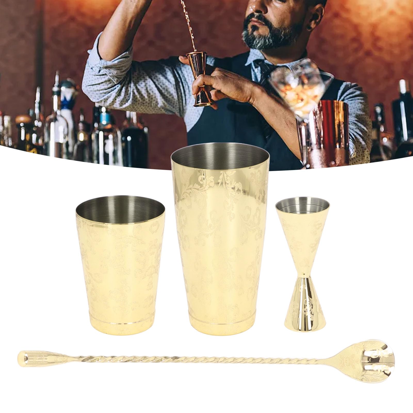 Kavolet Juego de Coctelera Boston de Acero Inoxidable 304 (Conjunto 3) | Kit de barman profesional de diseño Vintage para cócteles, con colador, cuchara para barra Jigger, juego de coctelería para