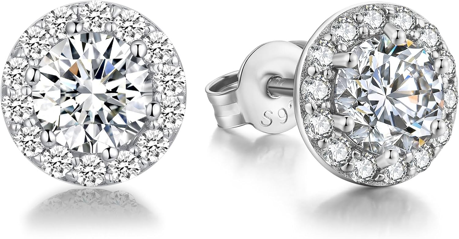 Halo Stud Earrings Round Cut CZ Diamond Earrings for Women 925 Sterling Silver Stud Earrings with Cubic Zirconia, Halo Crystal Stud Earring Platinum Plated