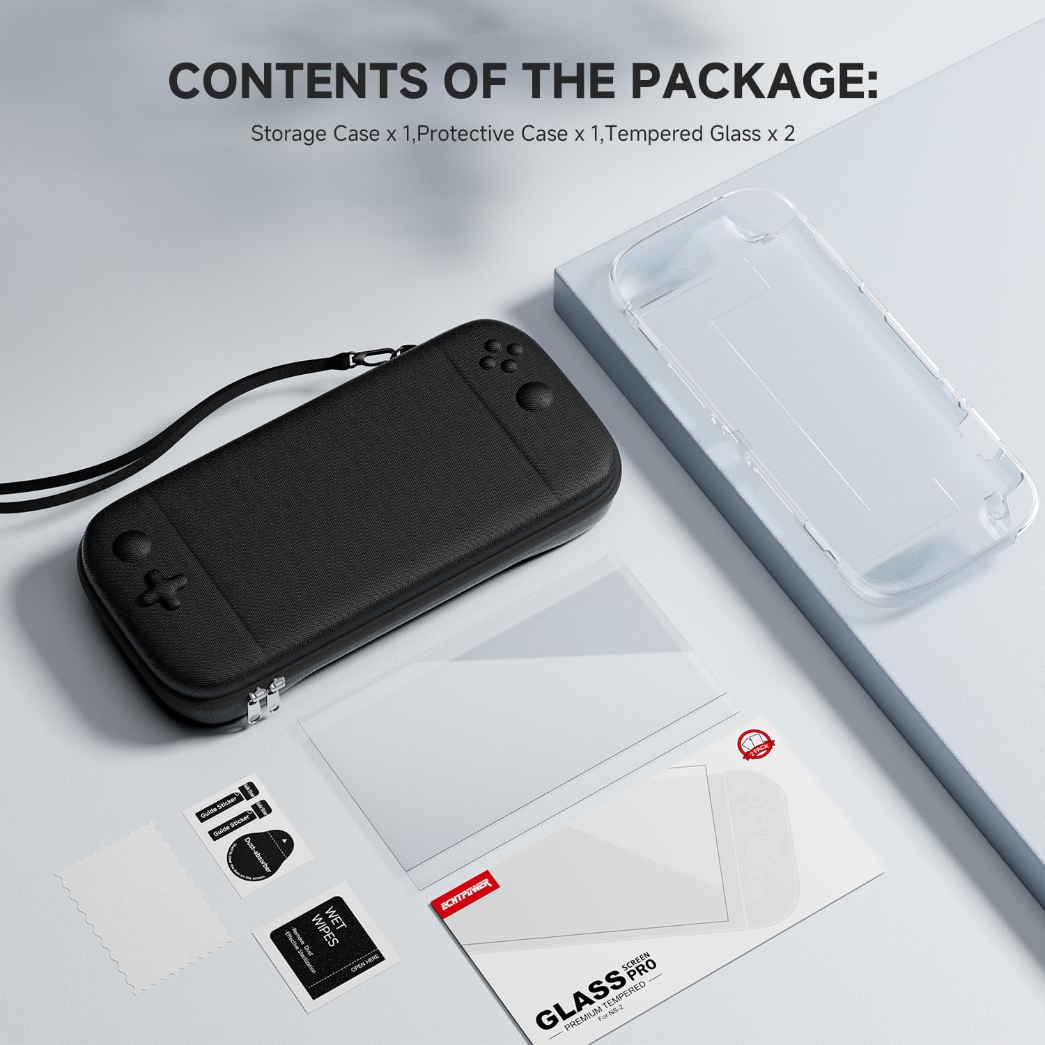 ECHTPower Custodia per Switch 2, con Cover Trasparente, Pellicole Protettive, Custodia Rigida Nylon, Interno Morbido, 4 in 1 Kit Accessori per Switch 2 Console-Protezione da Urti e Graffi