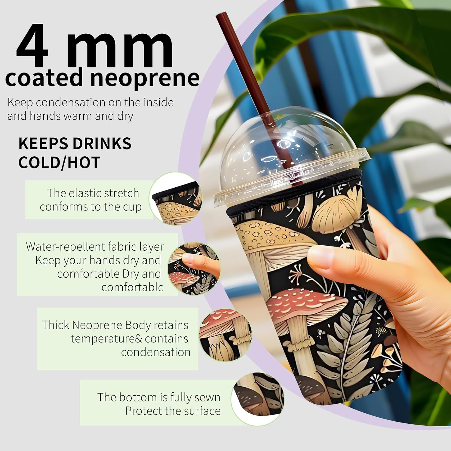 Reusable Neoprene Insulator Sleeve for Iced Coffee Cups, Medium 22-28oz Durable Drink Sleeve for Cold Beverages, Cute Beverage Holder Cup Sleeve for Women Men Cute Mushroom