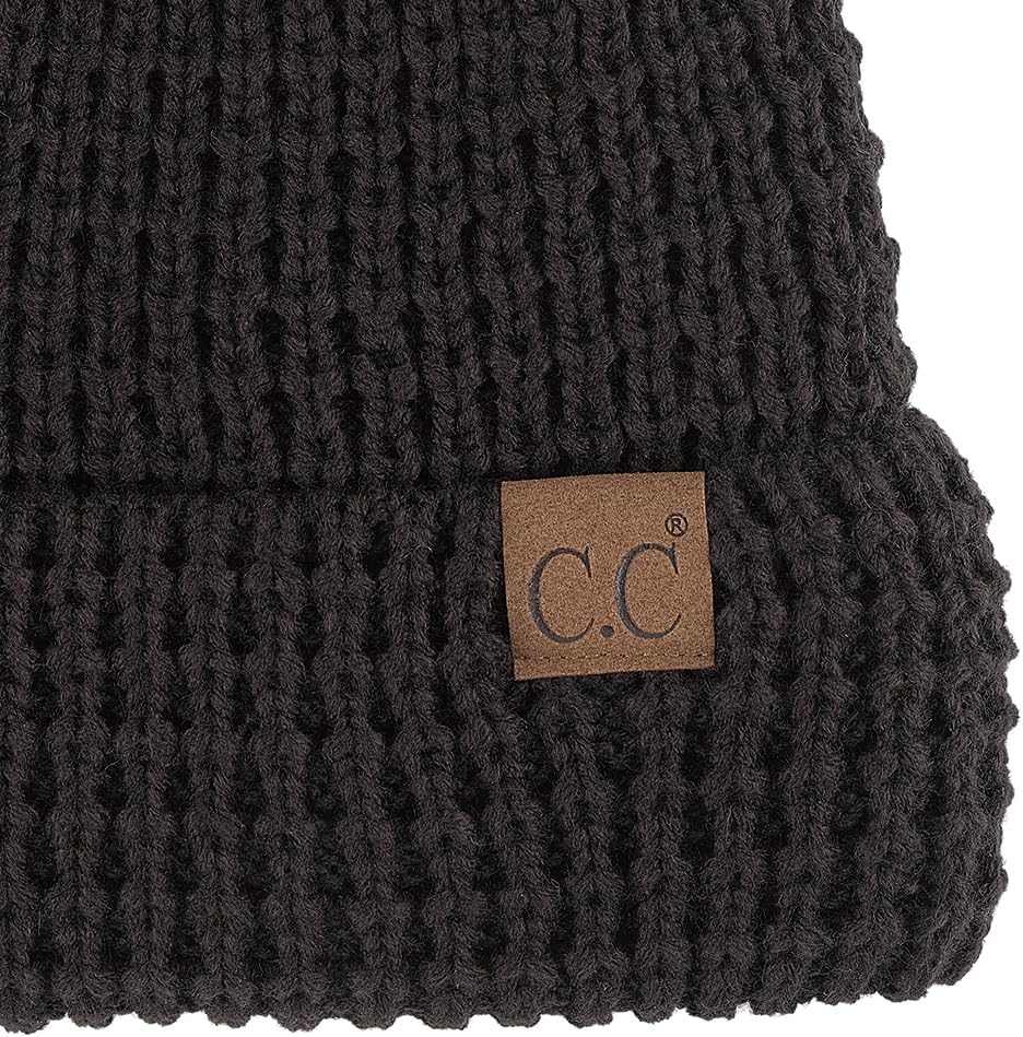 C.C Waffle Knit Pattern Cuff Beanie for Women Unisex - Acrylic Stretchable Soft Warm with Faux Fur Pom Knit Winter Skully Hat