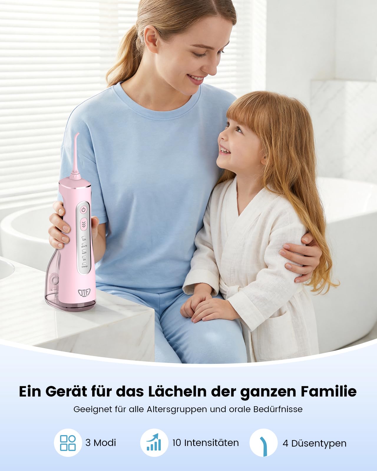 JTF Irrigador Bucal Eléctrico 300ML, 3+1 Modos Irrigador Dental, 6 Boquillas IPX7 Portatil Limpiador Dental para Ortodoncia/Encías Sensibles -Limpieza Dientes de Hogar Entusiastas Salud Ora(Rosa)