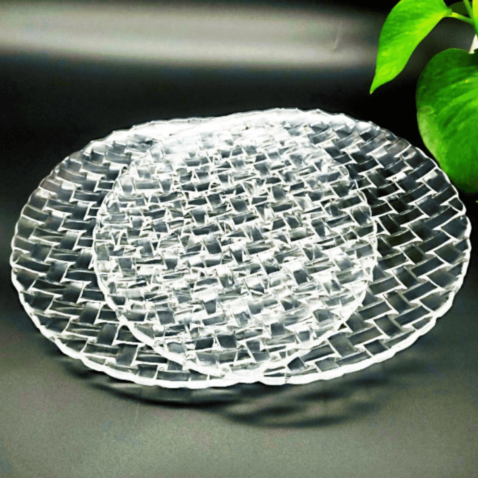 große Glasteller, Kristallglasteller, Dessertteller, Geschirrteller-Set für Snack, Obst, Tischdekoration für Hochzeit, Urlaub, dekorativ (straw weaving shape, 6inch 6pcs)