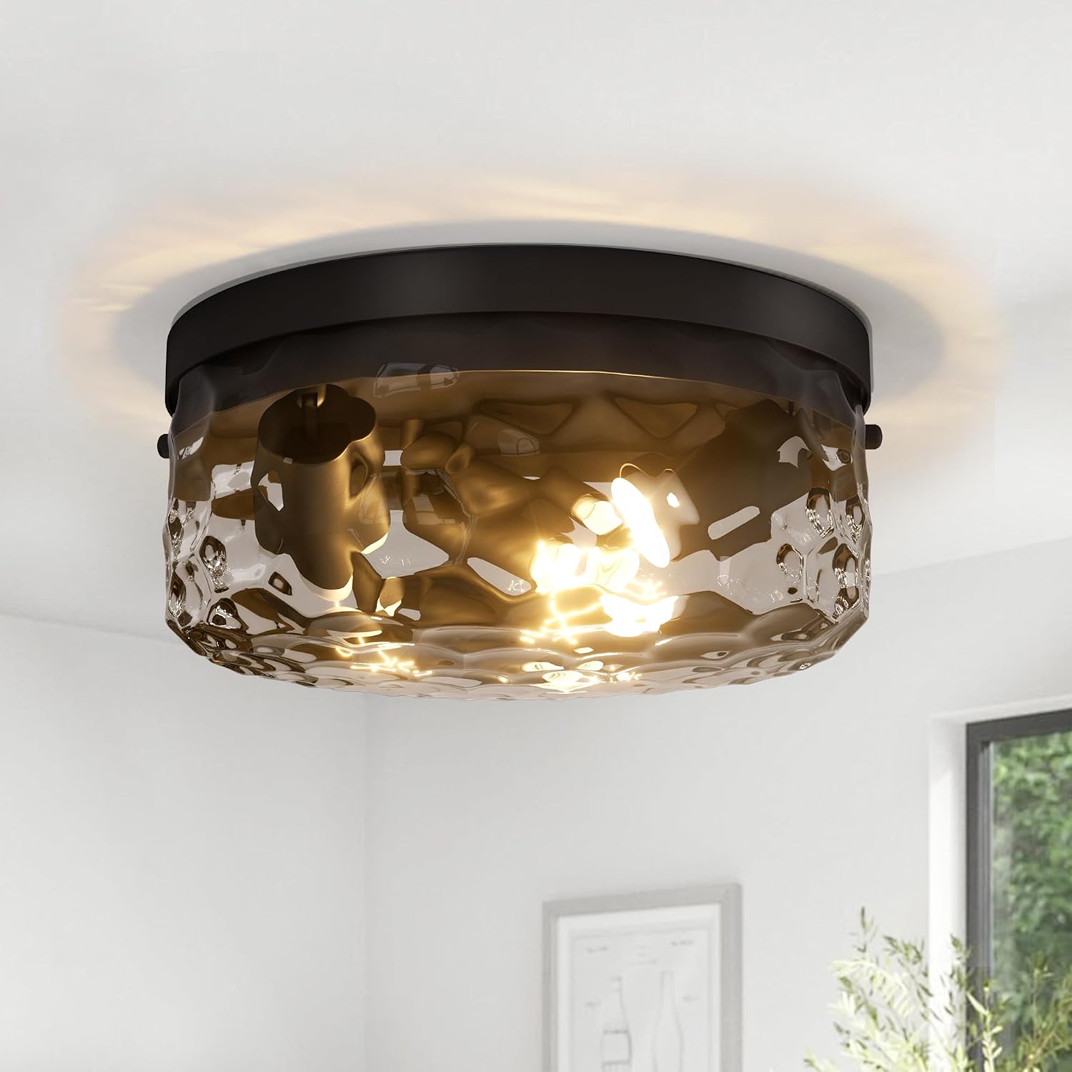 Maxax Black 12" Ceiling Light, 3-Lights Modern Industrial Light Fixture with Hammered Glass, Round Farmhouse Close to Lamp Fixture with Kitchen, Hallway, Entryway, Bedroom