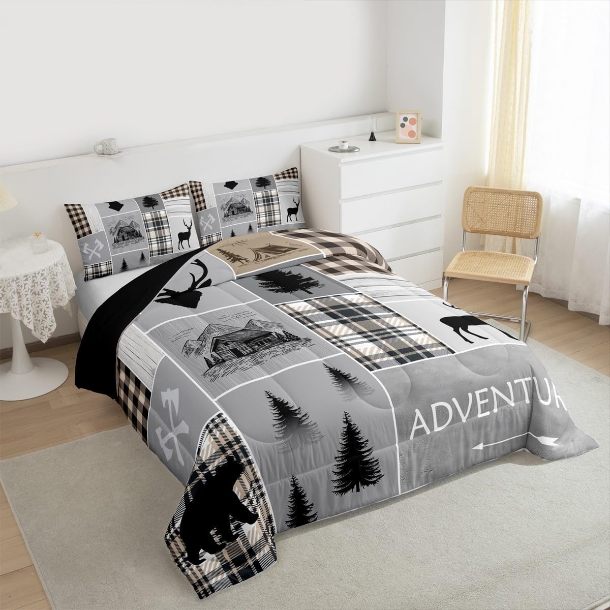 Erosebridal Rustic Patchwork Comforter Set Twin Retro Cabin Decor Bedding Set for Kids Boys Teens Adult, Woodland Bear Deer Quilt Vintage Wild Animal Cowboy Duvet Insert Farmhouse Decorations, Grey