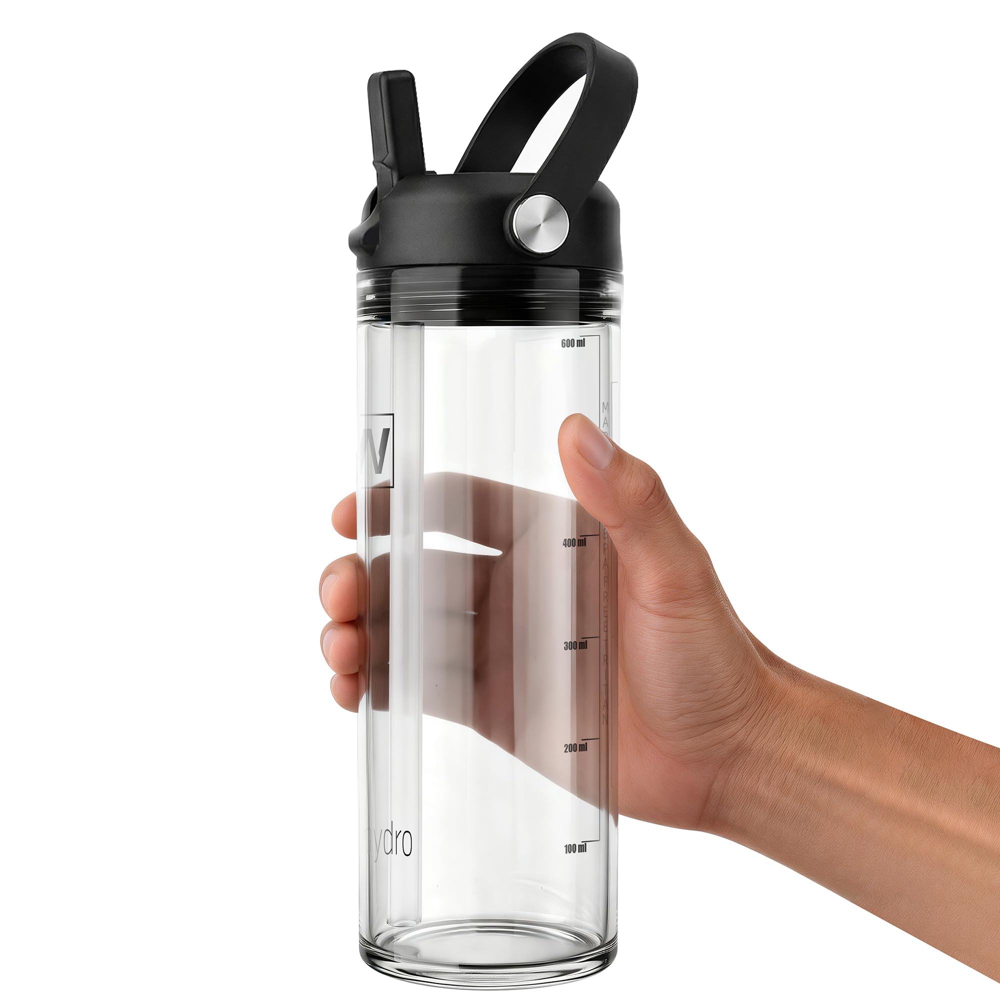 20 oz Clear Water Bottle with Straw & Handle, Leakproof Tritan Water Bottle, BPA Free Reusable Plastic Bottle with Volume Markings, Dishwasher Safe for School,Travel, Sports, Clear