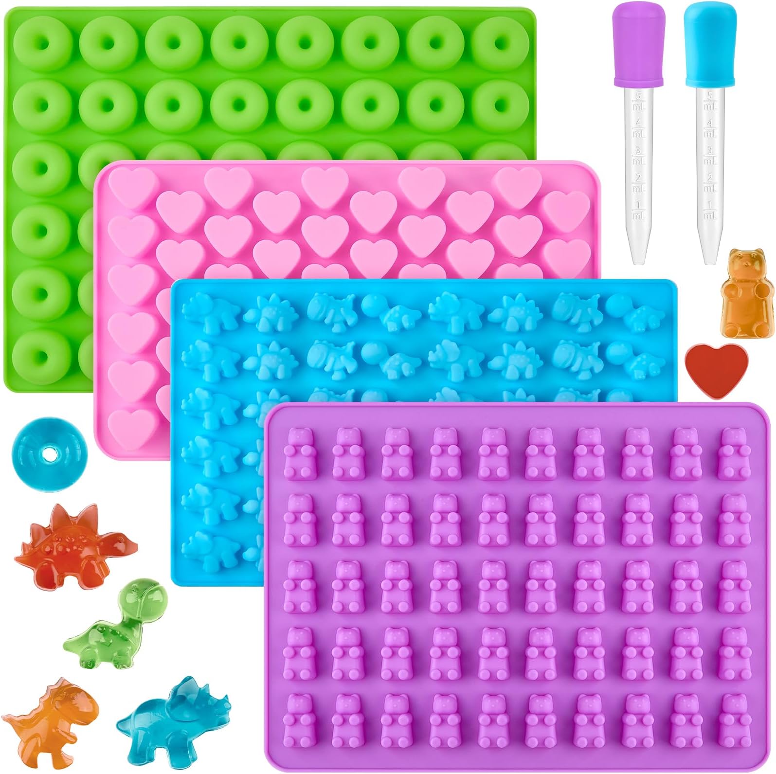 JOERSH Gummy Bear Candy Molds Silicone, Set of 4 Gummy Molds with 2 Droppers, Non-Stick Silicone Gummies Molds Including Mini Dinosaur, Bear Shape, Hearts and Mini Donut