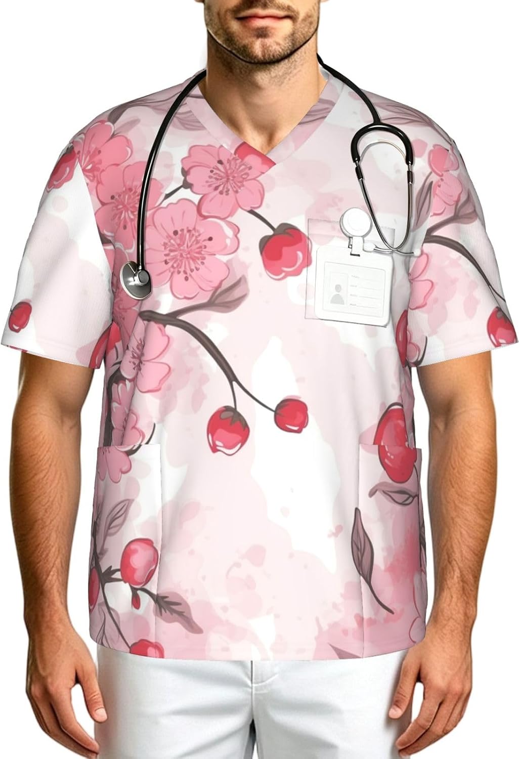 Professional Scrub Tops for Men, Classic V-Neck Workwear with 3 Pockets