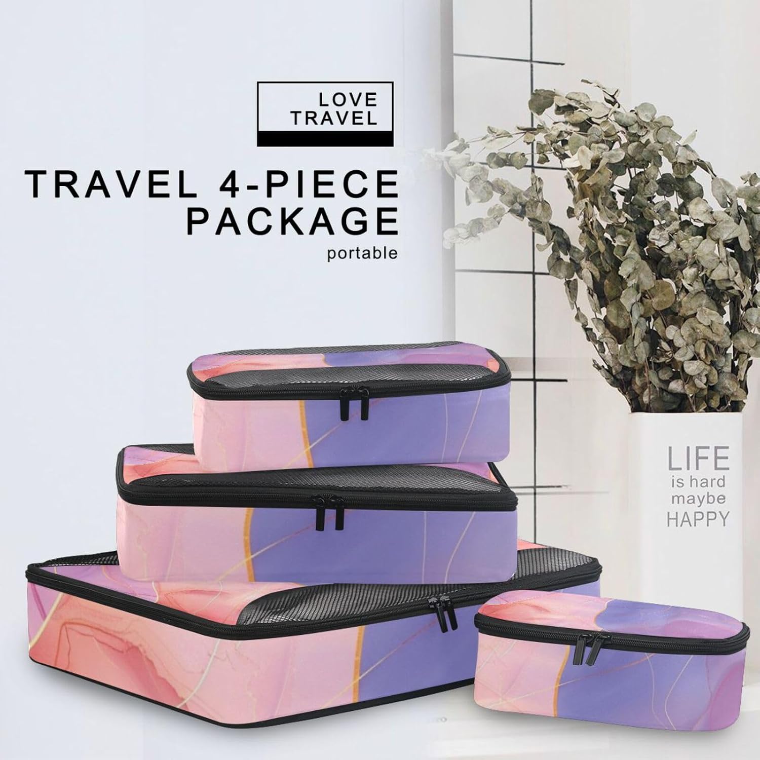Marble Grain 4 Pcs set organizer for travel Mesh Travel Essentials expandable packing cubes compression