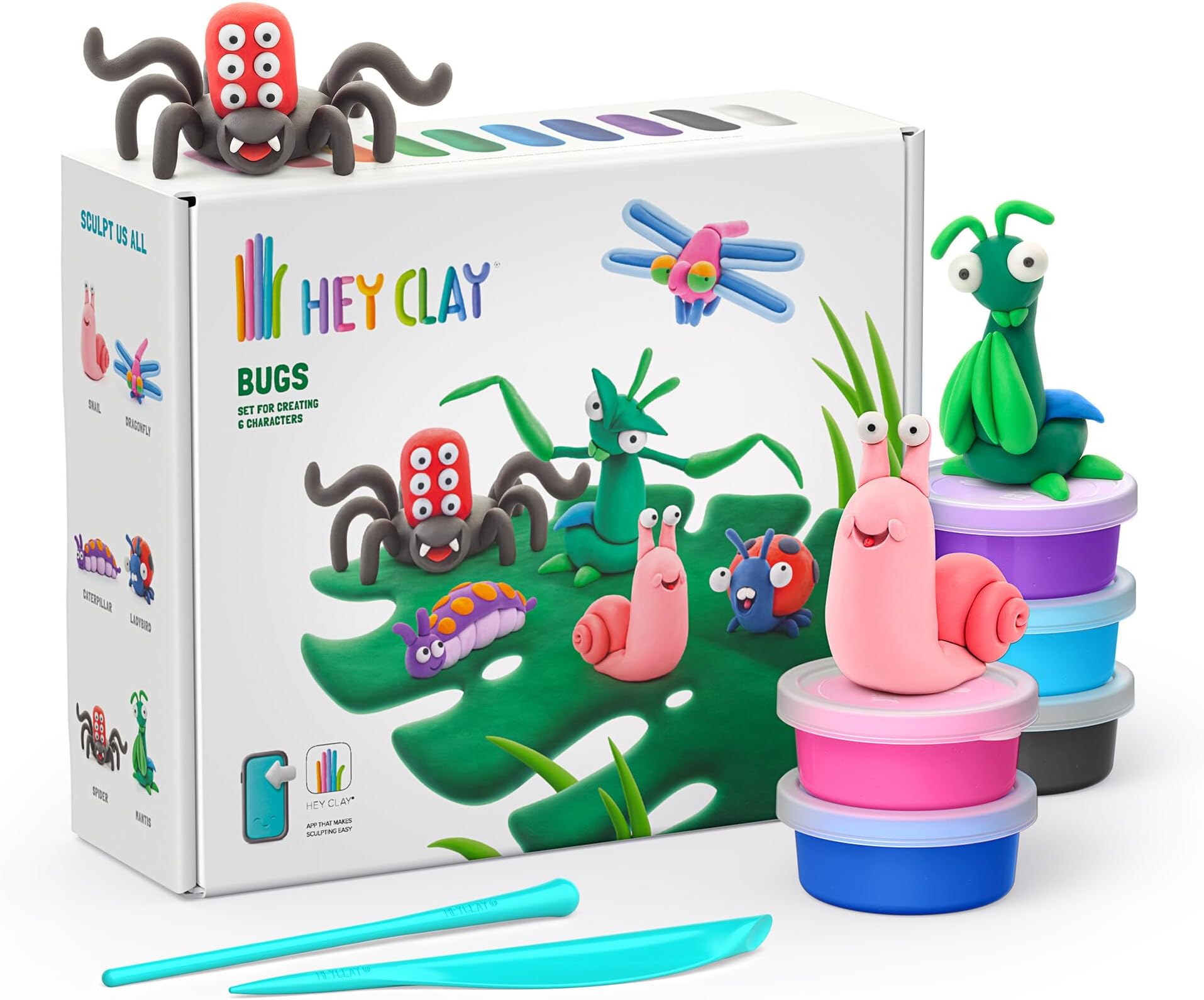 Bugs Set-Colourful Modeling Kids-Air Dry Clay Kit 15 cans and Sculpting Tools with Fun Interactive Instructions App, Multicoloured