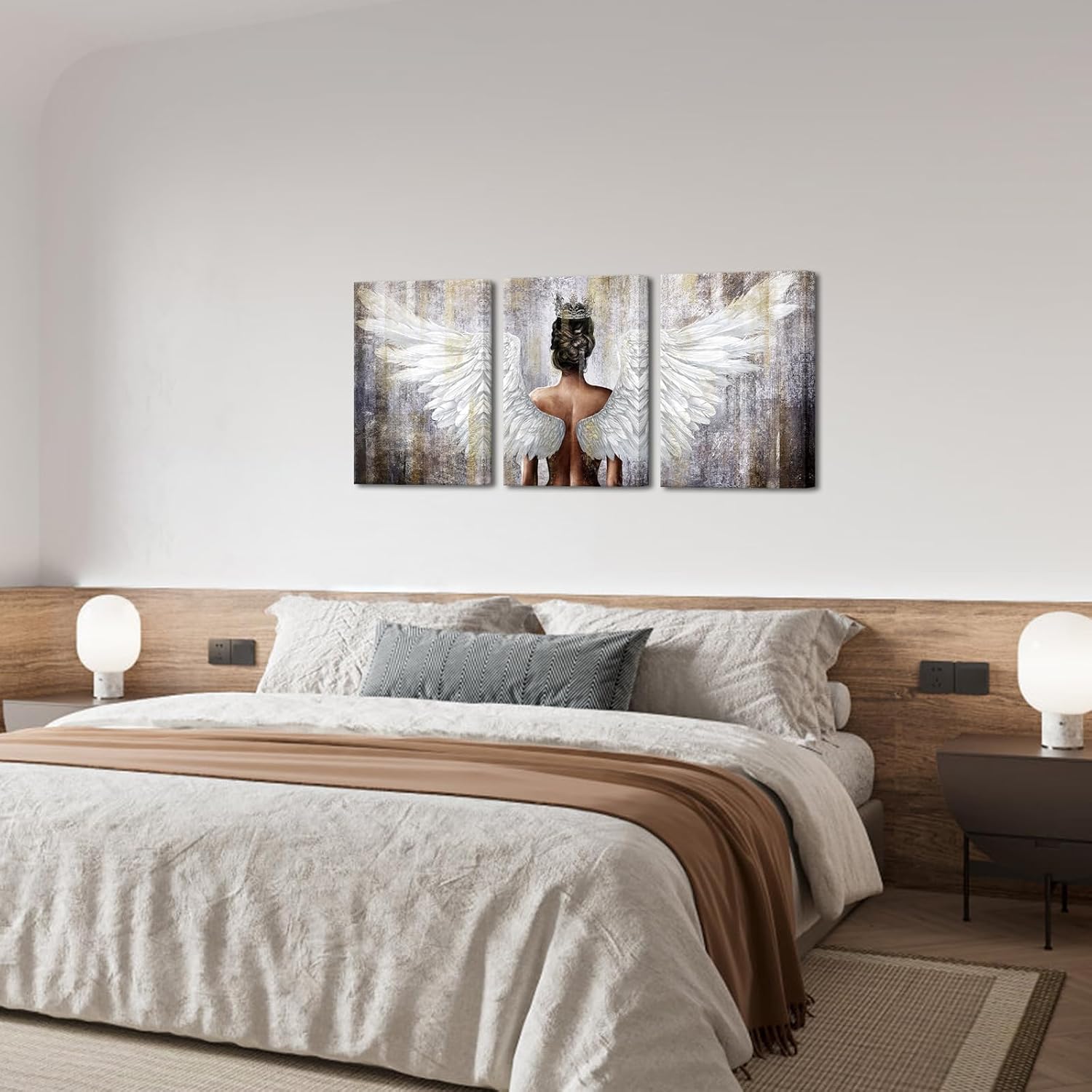 OuElegent Gold And Grey Angel Wings Wall Art Canvas Prints Girl Wearing Crown Contemporary Artwork for Living Room Bedroom Decor Framed 12"x16"x3pcs (Grey, Small)