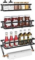 3-Pack Wall Mount Spice Racks with Paper Towel Holder & Hooks - Space-Saving Black Organizer for Kitchen Cabinet Pantry Stove, Screw/Adhesive Install