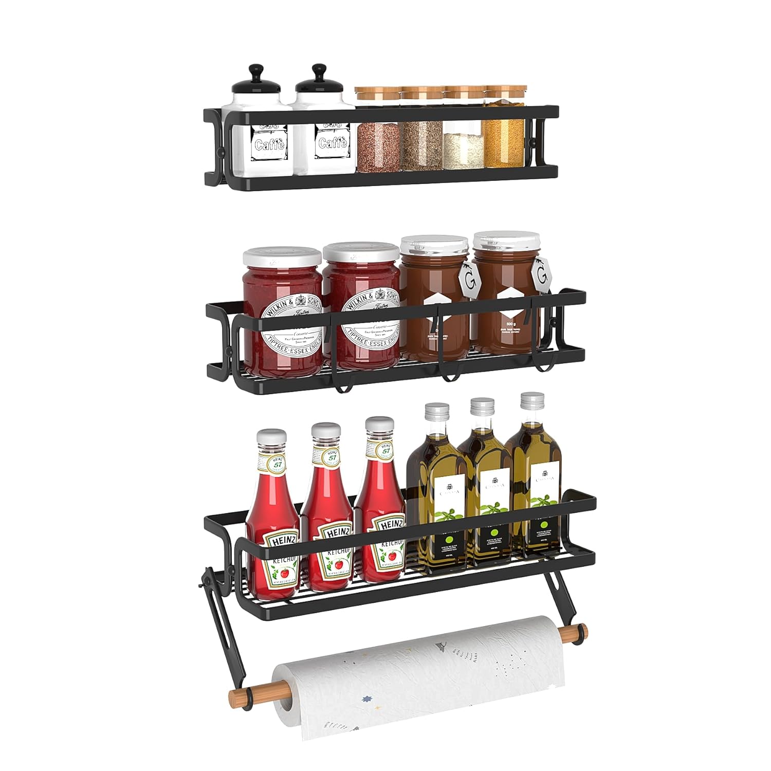 Cvesqkxr 3 Pack Spice Rack Wall Mount With Paper Towel Holder and Hooks Adhesive Hanging Spice Rack for