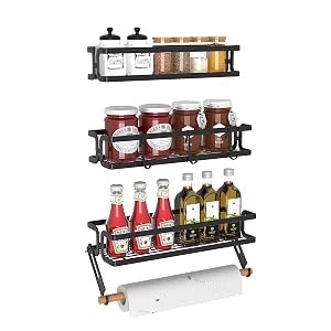 Cvesqkxr 3 Pack Spice Rack Wall Mount With Paper Towel Holder and Hooks Adhesive Hanging Spice Rack for