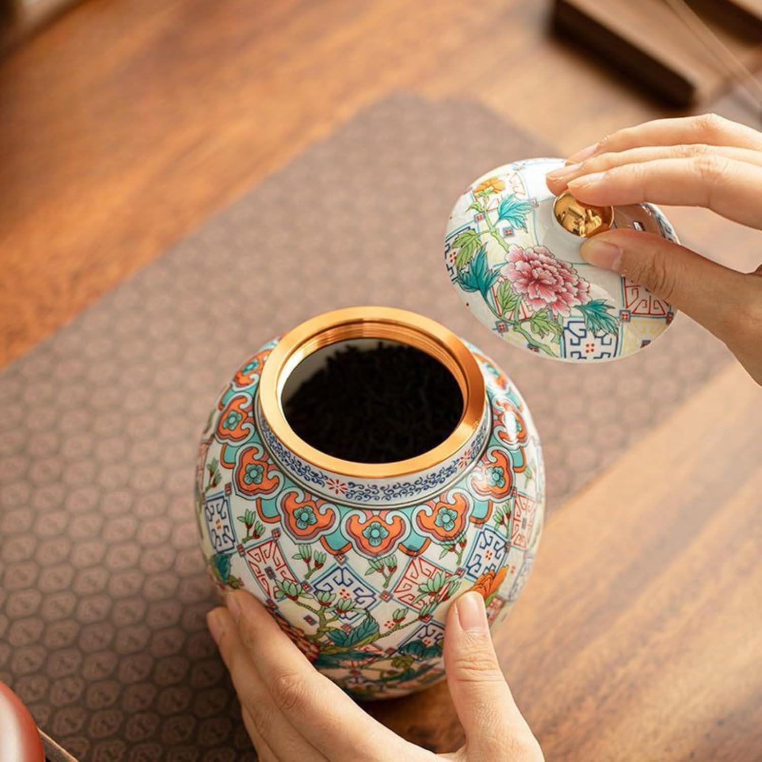 Antique-style Peony Enamel Colors Tea Canister, 850ml 28.9oz, Ceramics Sealed Jar Home Tea Set Accessories