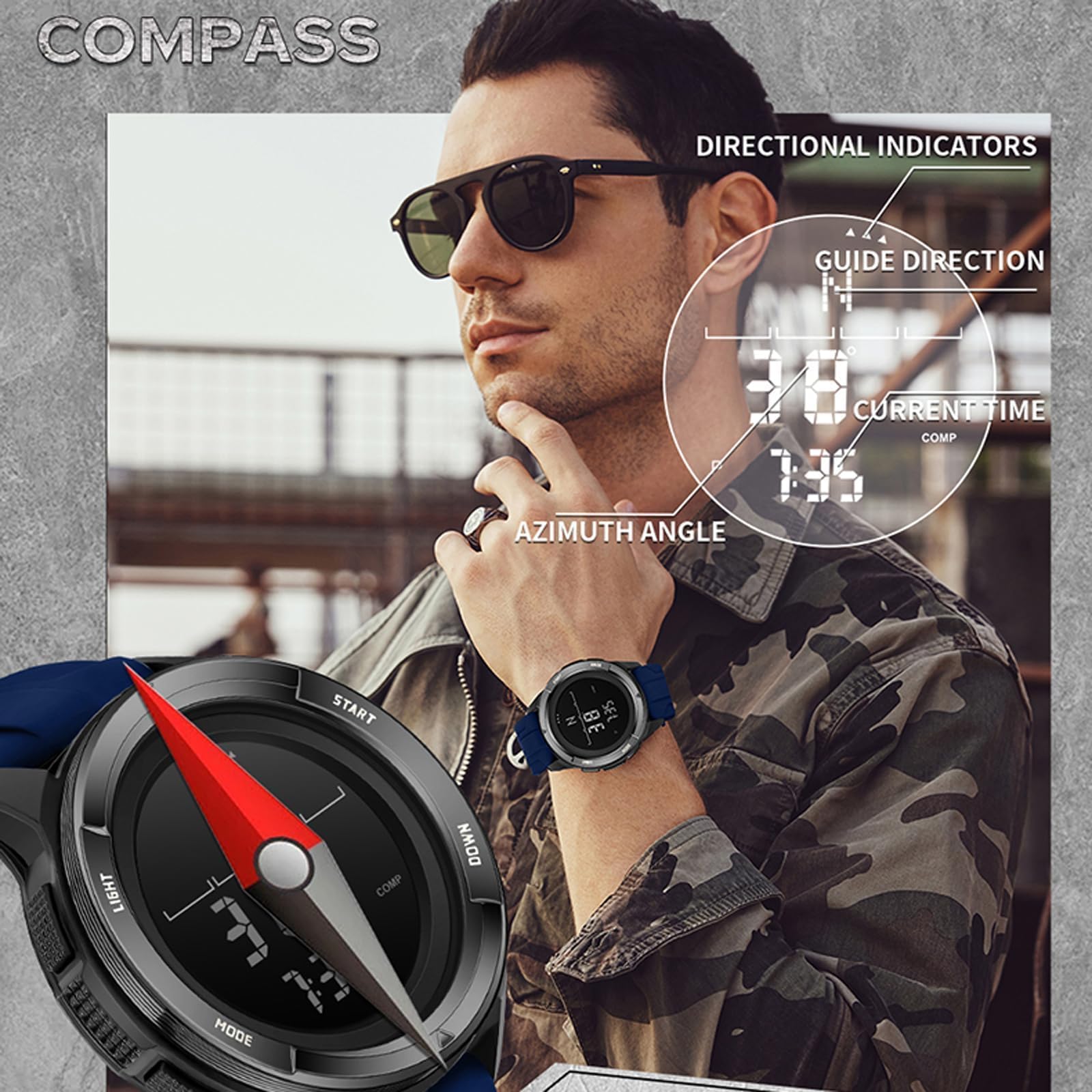 findtime Montre numérique pour homme avec podomètre, compteur de pas, boussole militaire, étanche, montre de sport, compteur de calories, montre de course à pied, chronomètre, compte à rebours