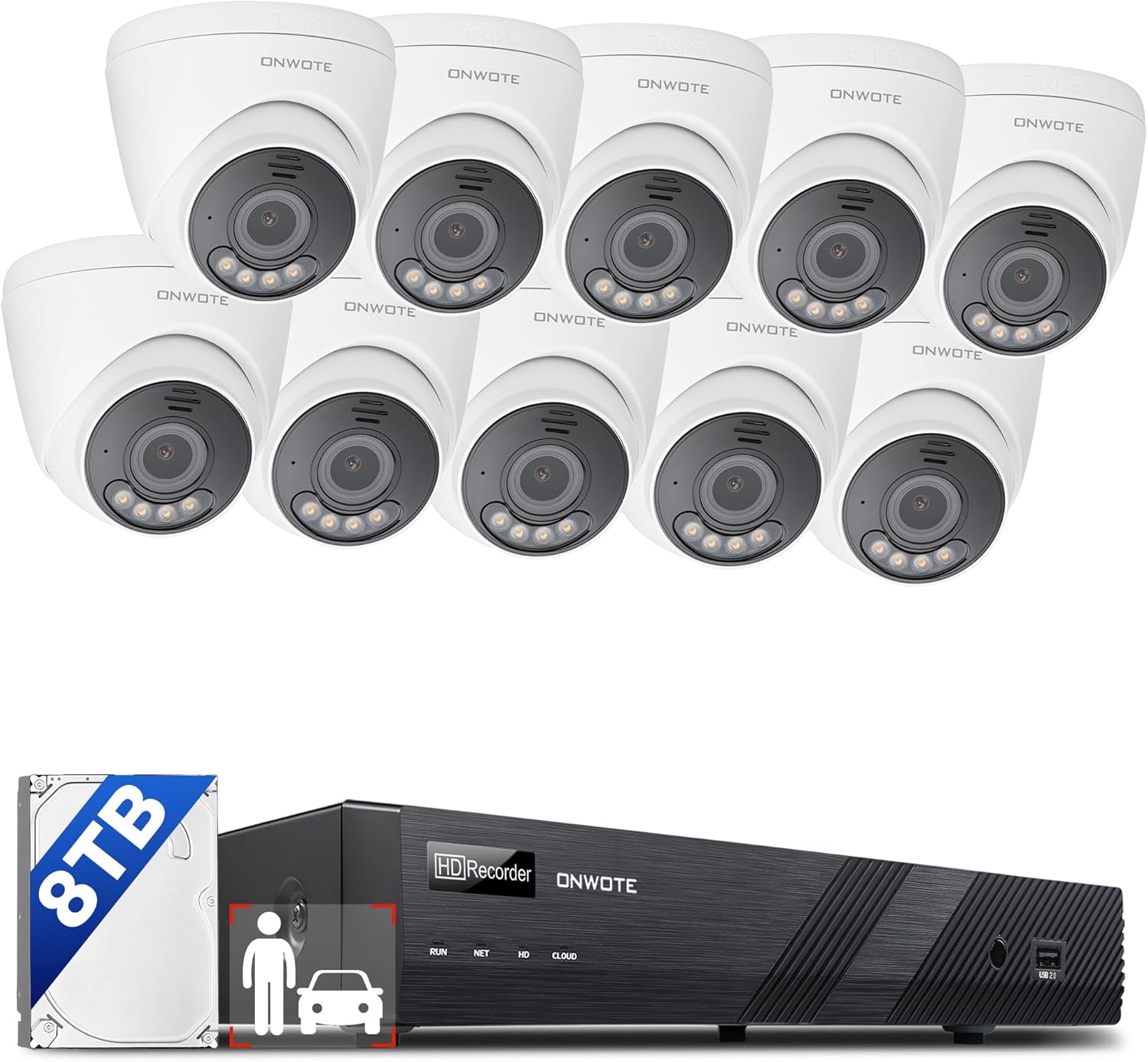 ONWOTE 12MP Security Camera System PoE 8TB HDD, 12 Million Pixels @30fps, 2 Way Talk, Smart Color Night, 10x 12MP IP Cameras with IMX577 Image Sensor, 16CH 6K Commercial NVR, 10x Cables (Total 800ft)