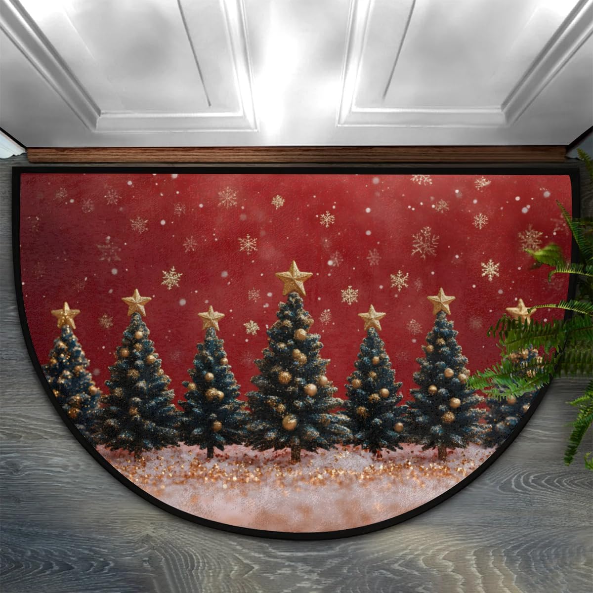 Christmas Tree Half Round Door Mat, Indoor Outdoor Entrance Way Mat, Absorbent Microfiber Welcome Entryway Mat, Washable Inside Front Door Mat, 36''x24'' Red Merry Christmas