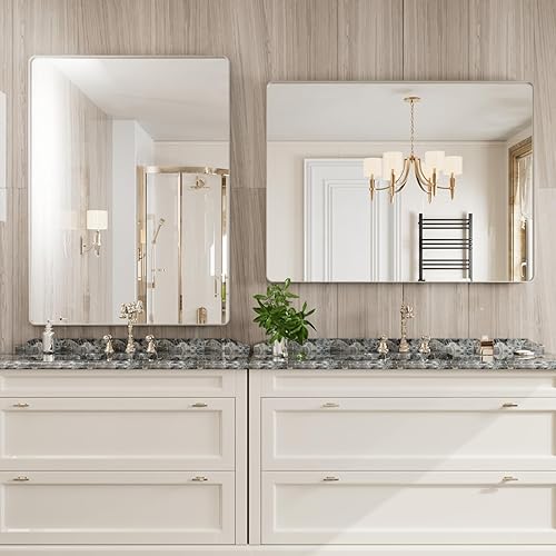 Miniatura 279 de Espejo de baño dorado, 48 x 30 pulgadas, espejo de marco de metal dorado cepillado para pared, espejo rectangular redondeado de tocador de baño