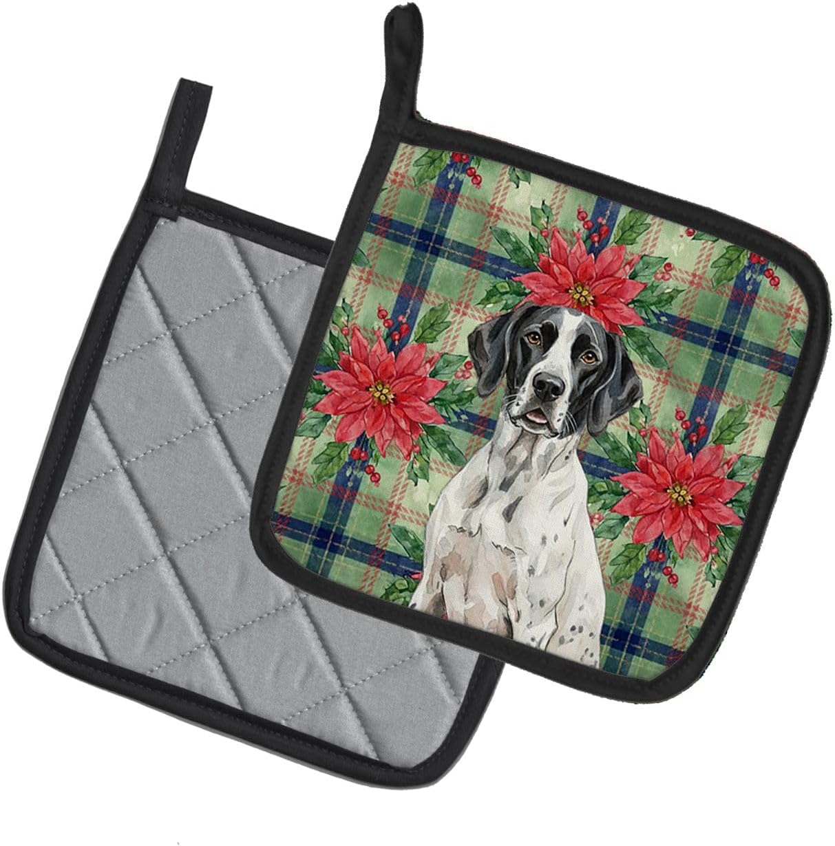 Caroline's Treasures Black and White Pointer Christmas Poinsettas Pair of Pot Holders Pair 7.5x7.5 Quilted Insulated Hot Pads Decorative Kitchen Gift Made in USA
