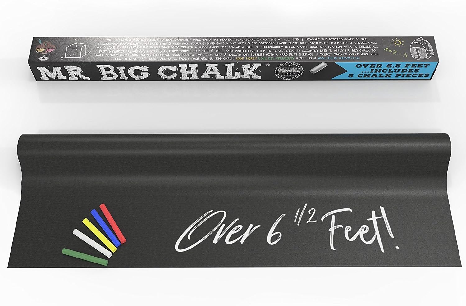 Life of the Party- Chalkboard Wall Decal! Over 6 Ft (78" x 17") of Adhesive Vinyl Blackboard Roll Makes Any Surface, Erasable, Creative & Organizational in Your Home or Office with 5-piece Chalk Set!