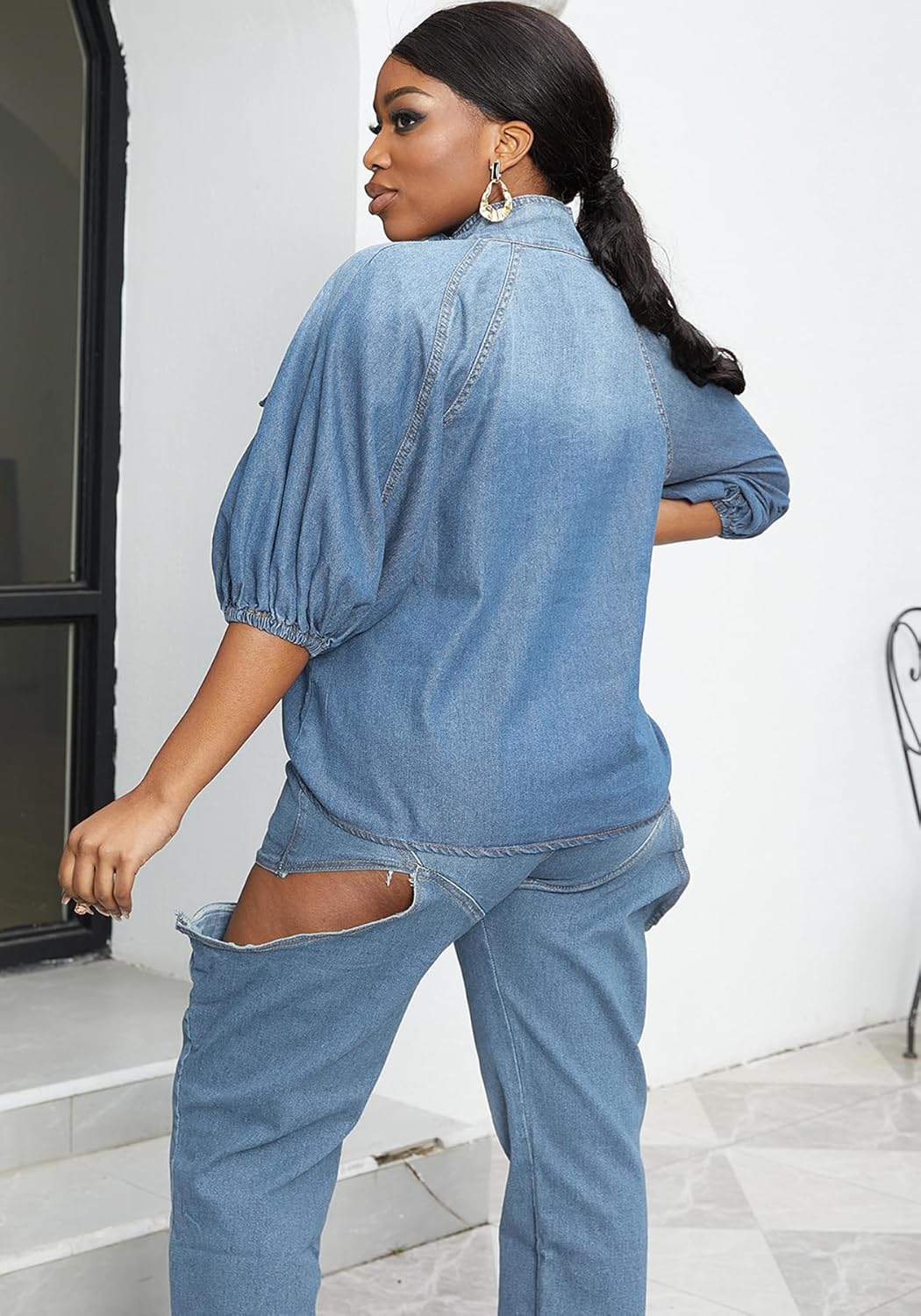 Tbahhir Women's Denim Blouse Blue Bow Tie Jean Shirt Puff Sleeves Mock Neck Cropped Top Casual - Image 8