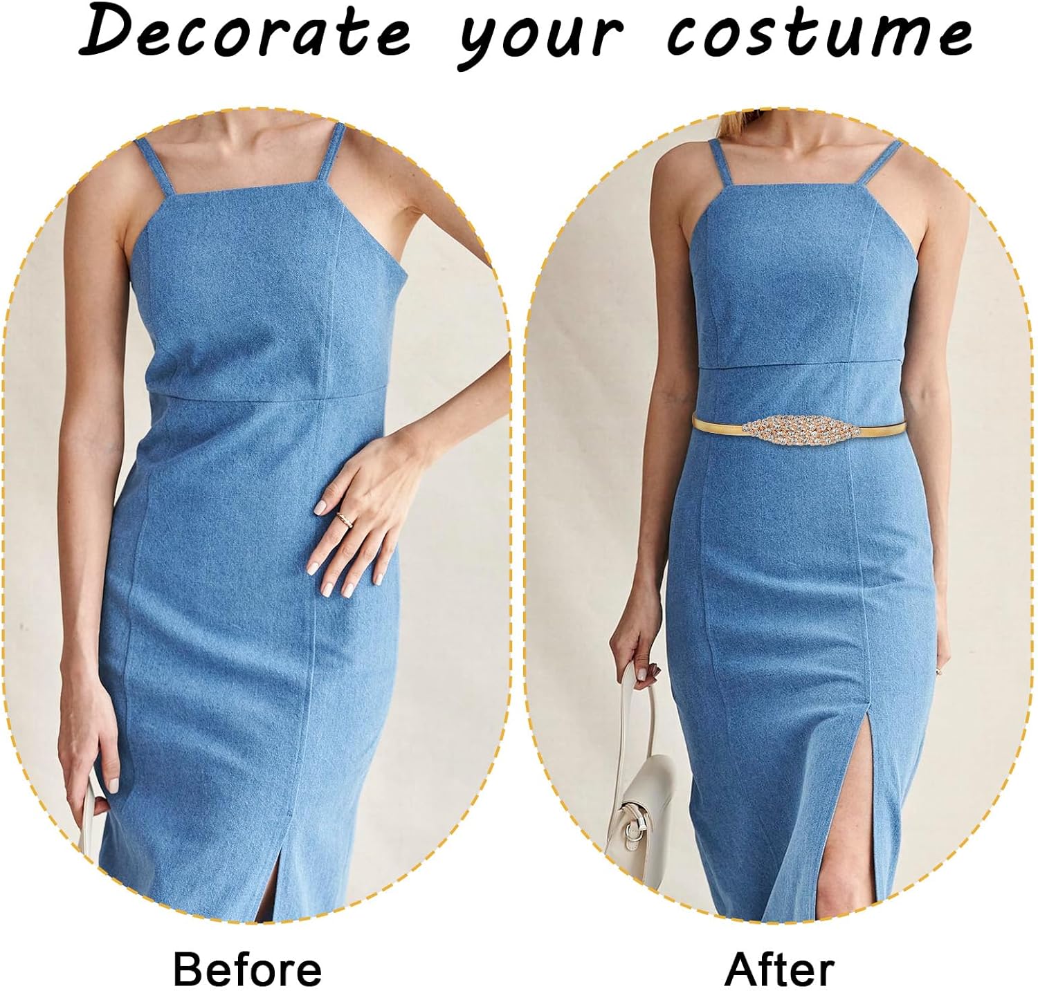 Women Skinny Stretch Metal Waist Belt, Thin Elastic Chain Belt for Dress, Rhinestone Belts gold Belts for Women(Adjustable from 23.62 inches to 28.34 inches) - Image 3