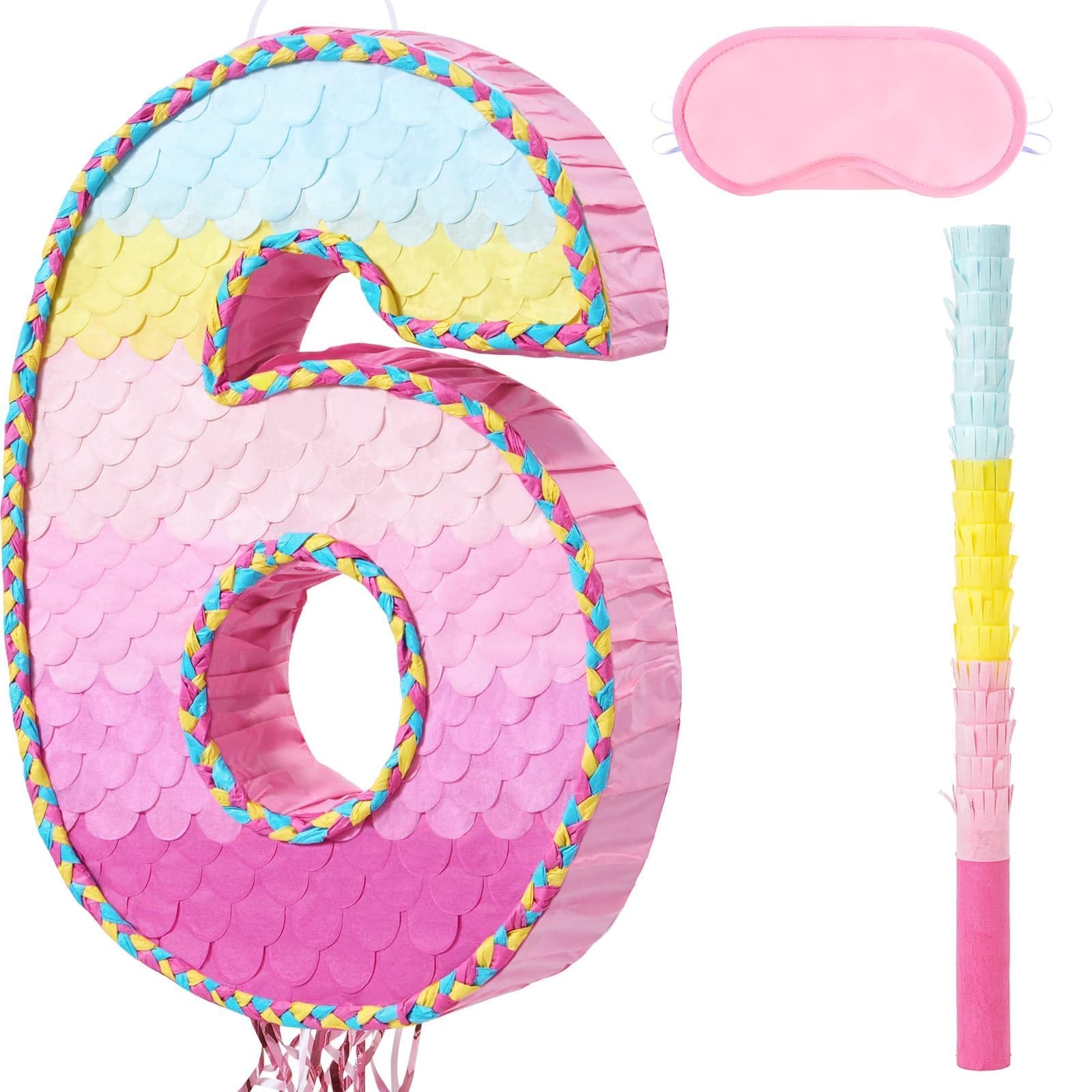 WERNNSAI Number 6 Pinata - Pink 6th Birthday Party Decorations 6 Birthday Pinata with Stick Blindfold Pull Strings for 6th Anniversary Party Decorations Carnival Supplies — image 1
