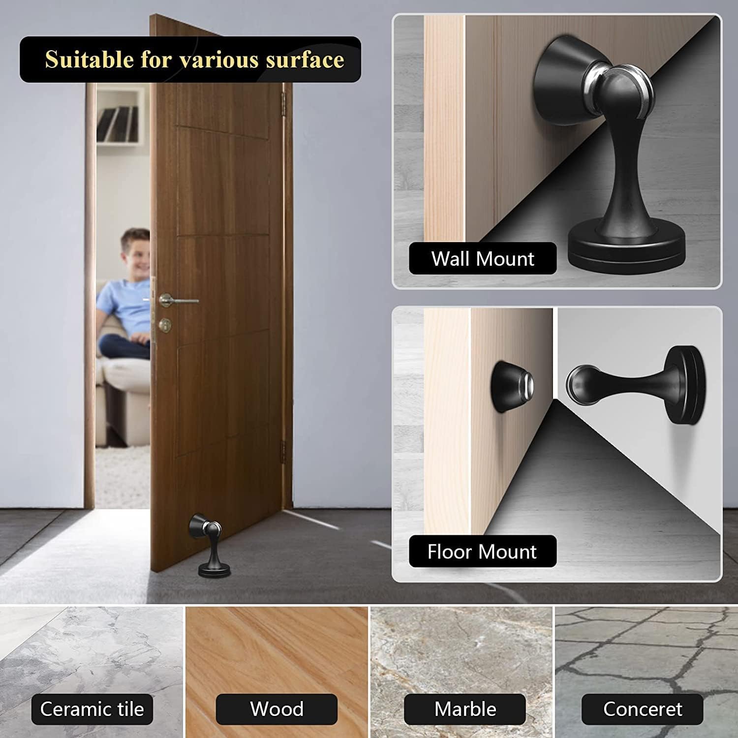 1Pc 201 Stainless Steel Magnetic Door Stopper Catch Holder Wall Floor Screw Mounted Magnetic Door Stops Black Holder Doorstop