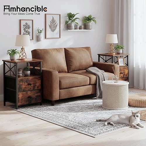 Miniatura 5 de AMHANCIBLE Mesa auxiliar para sala de estar con estación de carga, mesa auxiliar con cajón de tela, mesa auxiliar pequeña con puertos USB y salidas