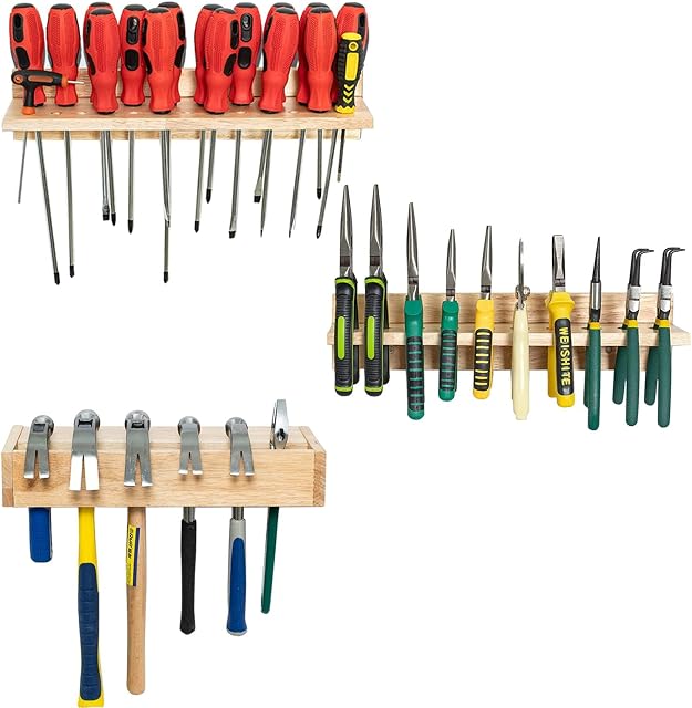 Wall Tool Organizer Tool Rack ,Screwdriver Rack Wall Mount Screwdriver Organizer Wooden Plier Holder Rack Hammer Rack,3 Pack Tool Trays Workshop Tool Storage Organiser for Garage