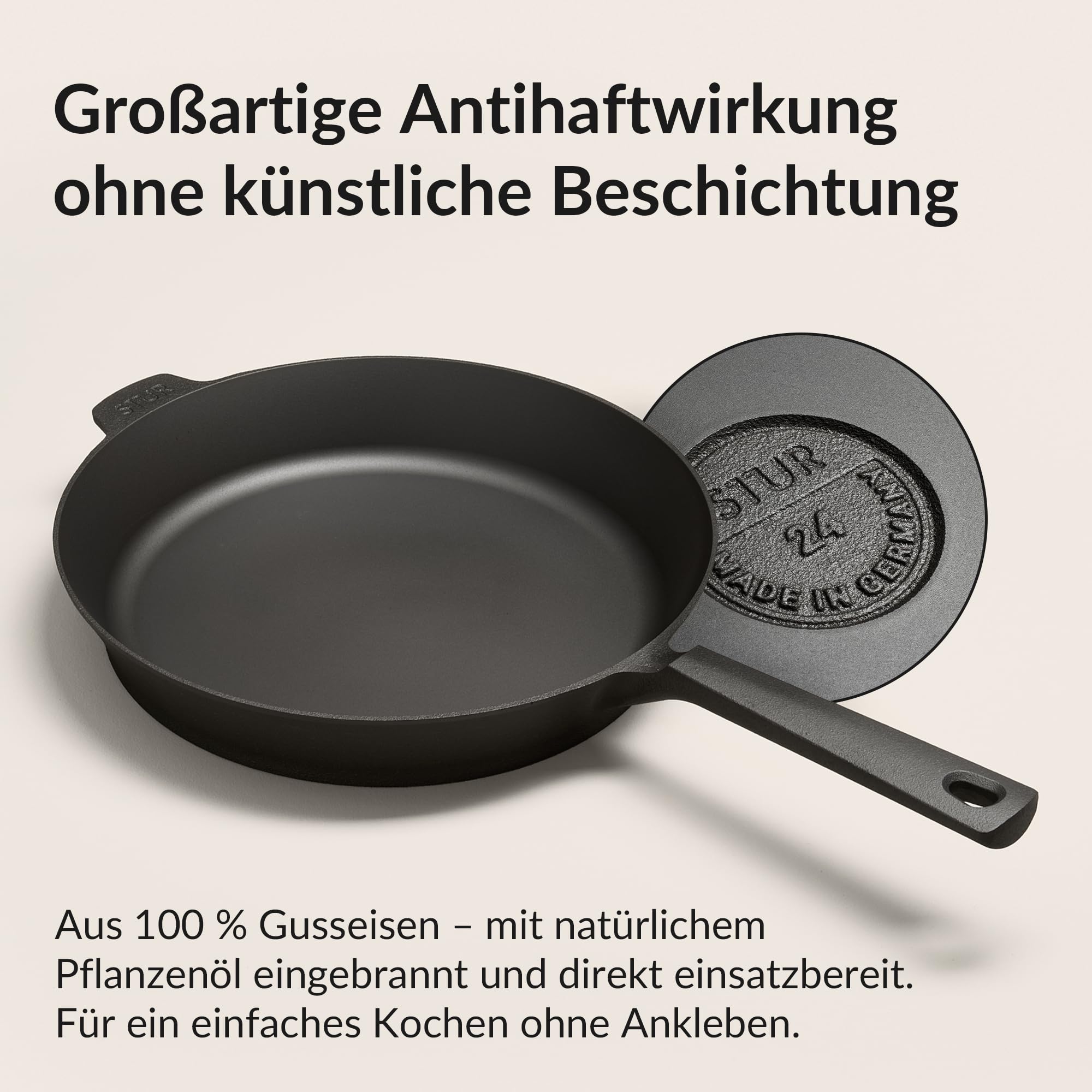 STUR - ORIGINAL Starter-Set Gusseisenpfanne Induktion 28 cm inkl. Echtleder Griffschutz & Pfannenwender - Cast Iron Pan geschliffen für alle Herdarten - Kratzfeste Pfanne Gusseisen & Zubehör