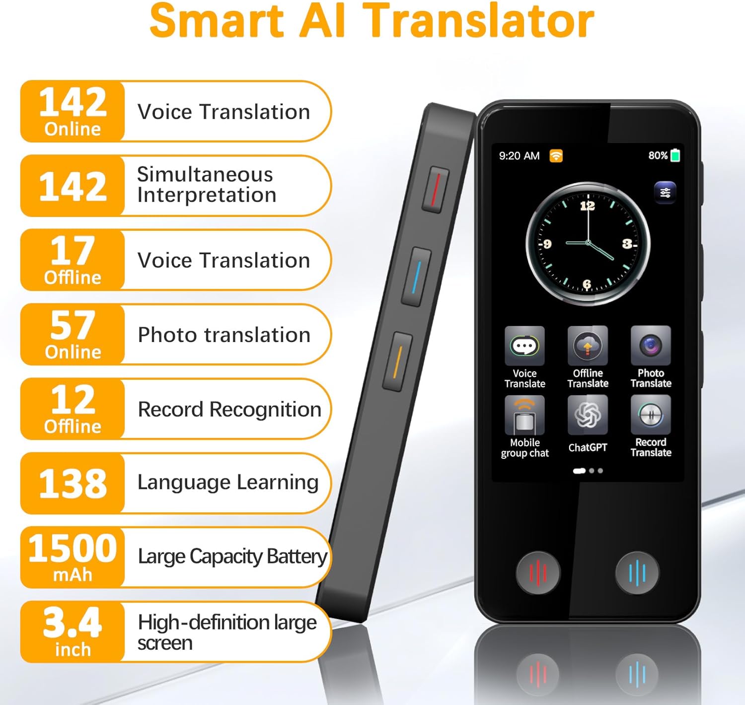 Language Translator Device, Ai Translator in 142 Languages, 2 Way Real Time Instant Translation Device, Voice Offline Translator, Pocket Portable Translator for Travel Business Learning
