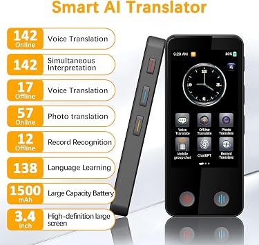 Language Translator Device, Ai Translator in 142 Languages, 2 Way Real Time Instant Translation Device, Voice Offline Translator, Pocket Portable Translator for Travel Business Learning
