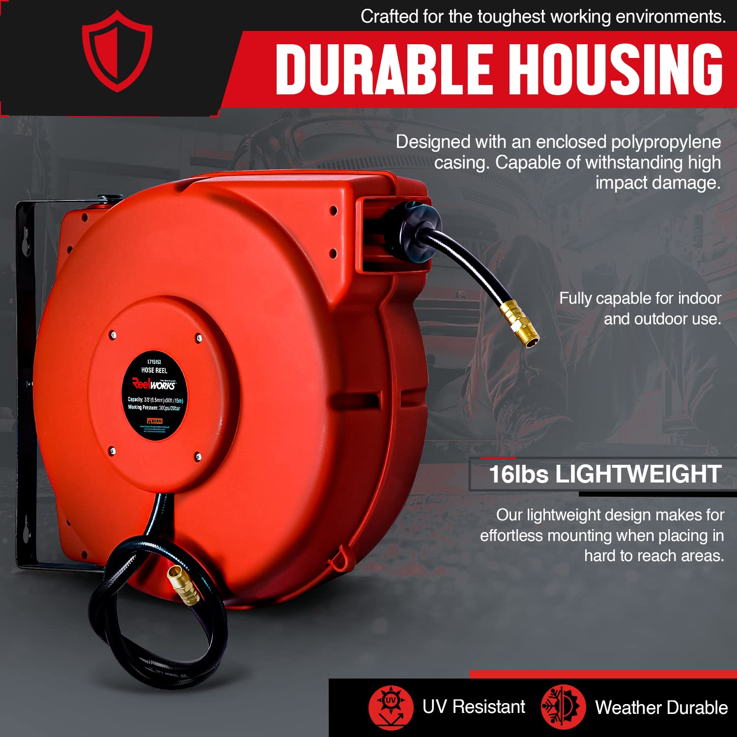 REELWORKS Air-Water-Hose-Reel Retractable 3/8" Inch x 50’ Feet Premium Commercial Flex Hybrid Polymer Hose Max 300 PSI Heavy Duty Polypropylene Case Construction Industrial Spring Driven: Tools & Home Improvement