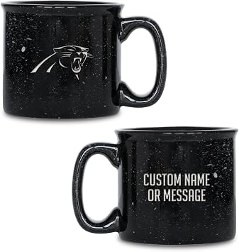 Rico Industries NFL Carolina Panthers Personalized 12oz. Speckle Camper Coffee Mug, Deep Laser Engraved Logo, Ceramic Camping Mug with Black Body, Speckle Glaze