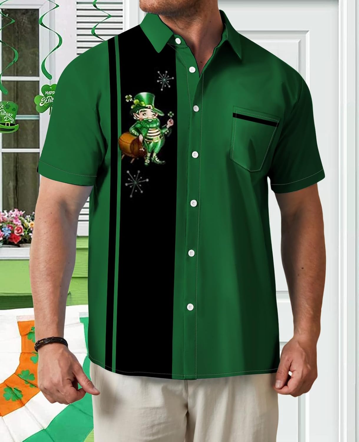 Mens 2026 ST Patricks Day Shirts Clover ST Pattys Day Funny Hat Dwarf Green Printed Short Sleeve Button Down Shirt - Image 3