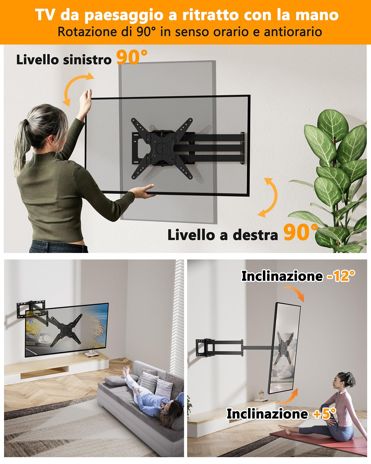 Staffa da parete TV a Lunga Portata con Rotazione di 90° con Bracci Articolati da 1219mm, Staffa per Montaggio a Parete Full Motion per TV e Monitor da 26-65 Pollici, Carico 45kg, VESA 400x400mm
