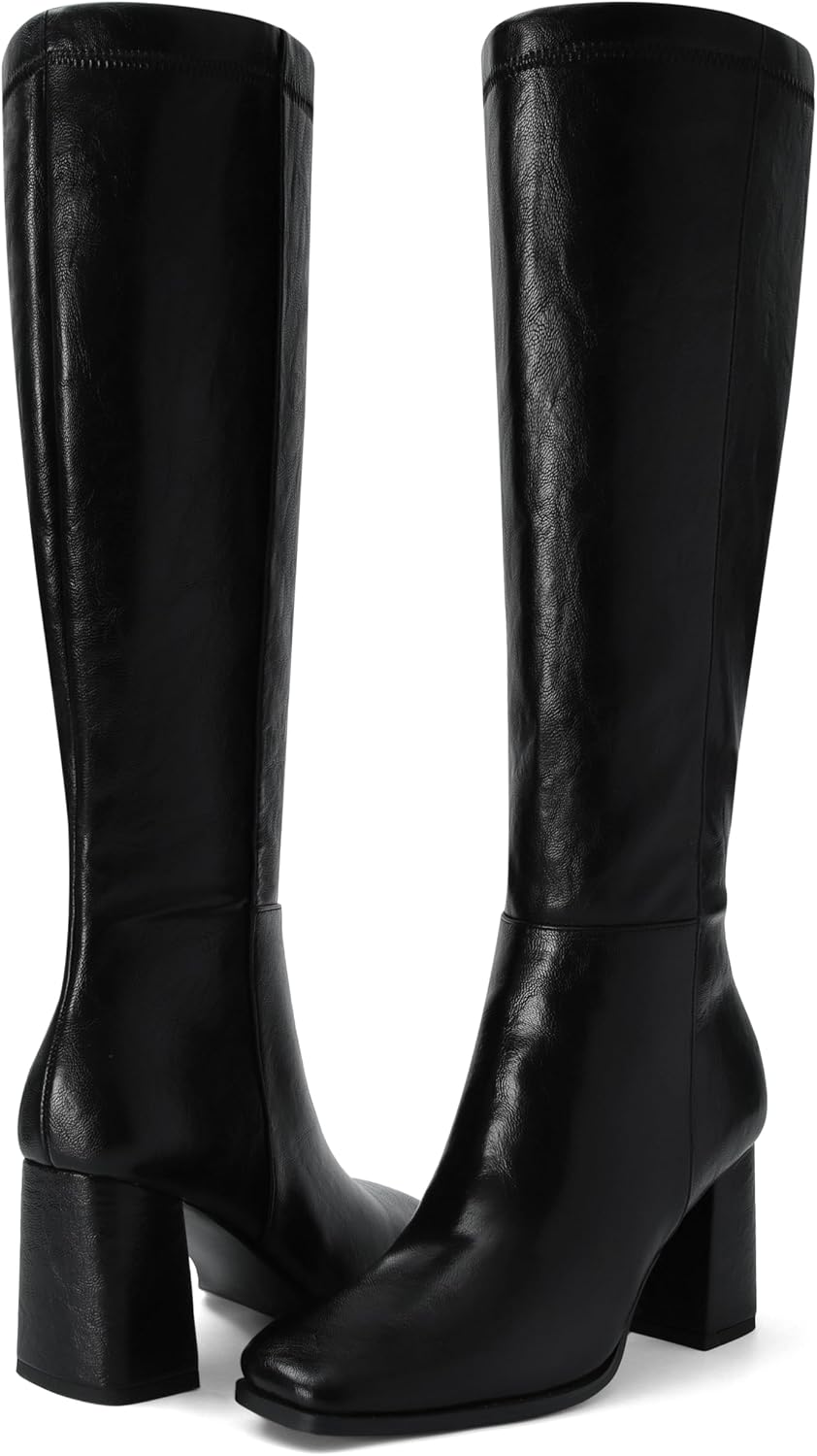DOEYG Womens Knee High Boots Leather Tall Boots Fashion Square Toe Chunky Block Heel Long Fall Boots Dressy Casual Comfortable with Side Zipper