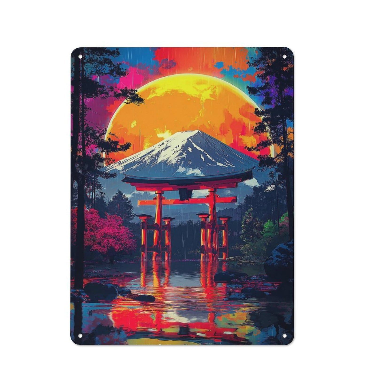 Vintage Vintage Metal Sign 40x30cm Featuring Neon Japanese Gateway Sunset, Room Wall Plaque for Flat, Dorm Room, Lounge Or Cafe