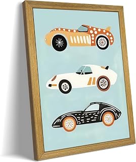 Wood Framed Car Wall Art, Vintage Race Car Canvas Print Poster, Baby Boy Nursery Wall Decor, Cute Car Themed Room Decoration, for Boys Kids Room Artwork 8x10 Inch