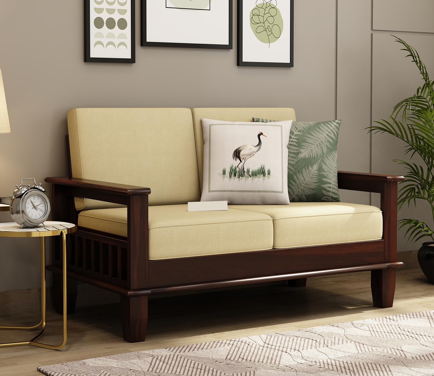 Sheesham Wooden 2 Seater Sofa for Living Room | Rosewood 2 Seater Cushion Sofa with Side Newspaper Holder for Home & Office | Solid Wood Sofa Set for Lounge (Walnut, 2 Seater)-image-31