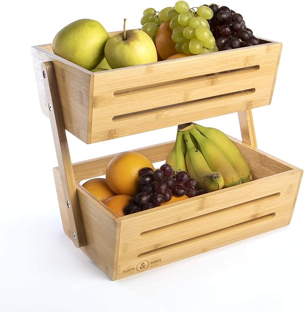 2 Tier Bamboo Storage Basket | Fruit & Vegetable Rack | Home, Kitchen & Office | Utensils Set & Holder | Storage Rack | Wooden Crate | Cleaning Stand | M&W