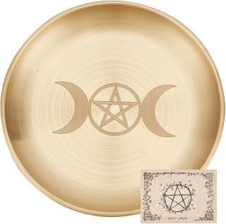 CREATCABIN Pentagram Altar Plate Moon Tarot Plate Ritual Burning Candle Holder Bowls Offering Incense Aromatherapy Tray Ceremony Plate with Altar Card Home Decor for Witchcraft Wiccan Golden 5.55 Inch