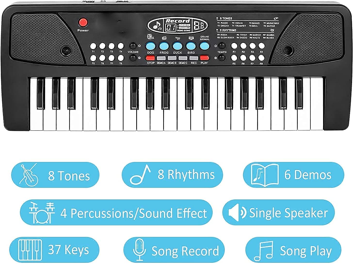 Graphic illustrating the key features of the keyboard: 8 Tones, 8 Rhythms, 6 Demos, 4 Percussions/Sound Effects, Single Speaker, 37 Keys, Song Record, and Song Play.