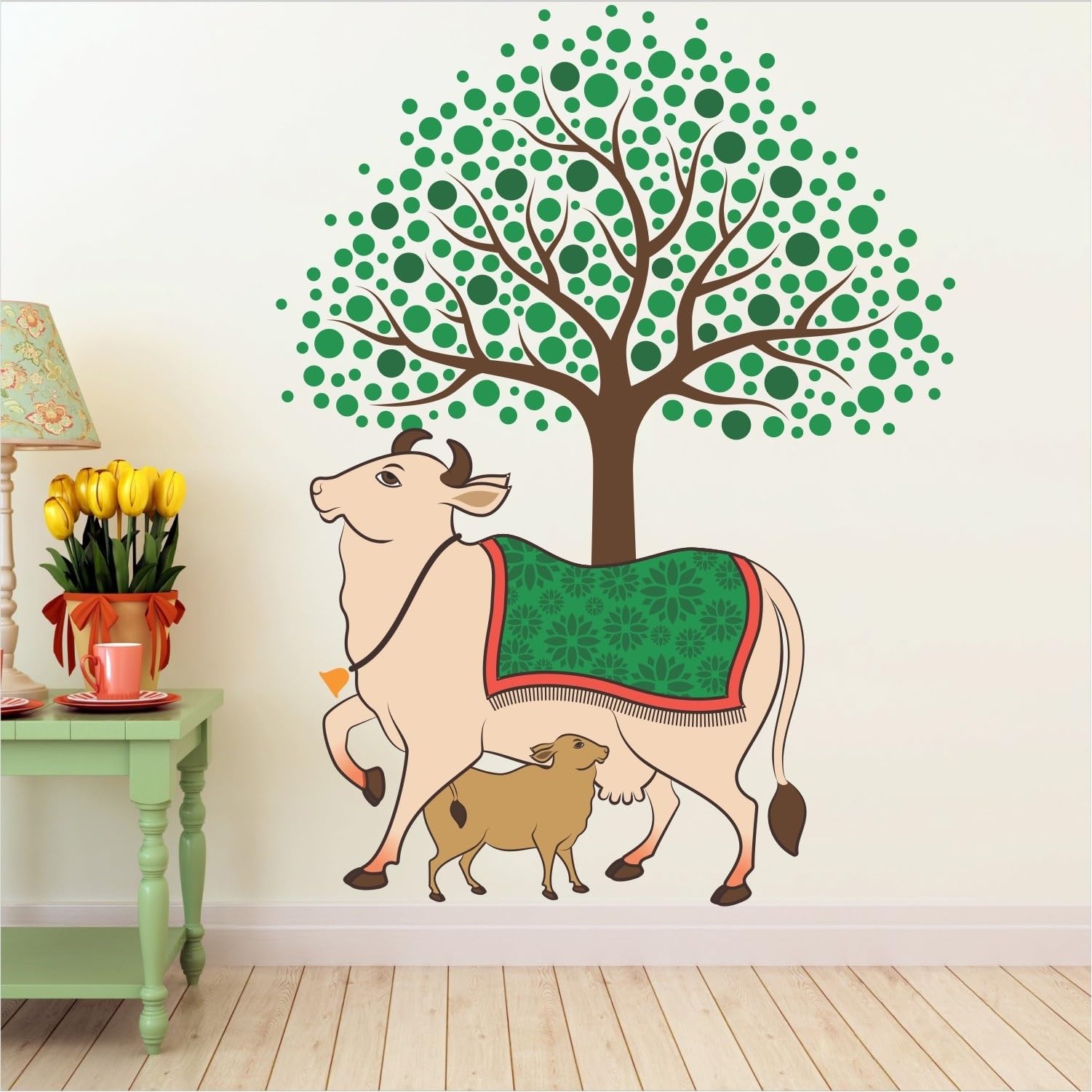 80 cm Kamdhenu - Holy Cow - Tree - Creative - Colorful - Wall Sticker Self Adhesive Sticker (Pack of 1)-Vinyl