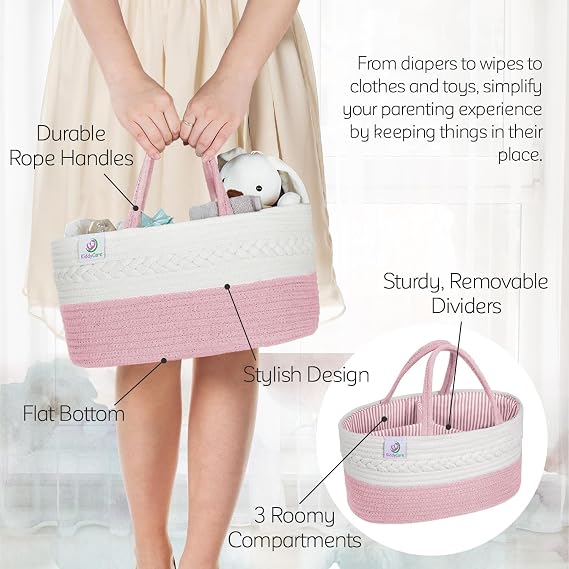 KiddyCare Baby Caddy Organizer Basket for Car | Travel Caddy for Baby Storage, Portable Diaper Caddy, Diaper Cart Organizer Bins for Changing Table | Pink Large