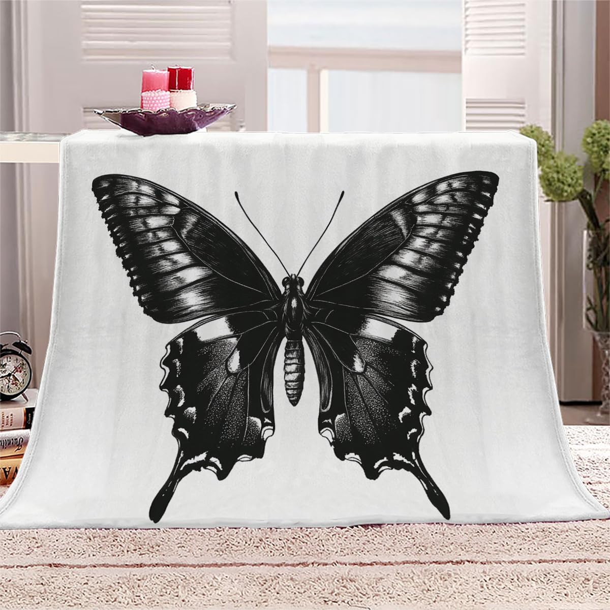 Genérico Czarny motyl kreskówkowy miękki koc flanelowy 3D - narzuta na sofę/łóżko 270 x 230 cm, ultra arealistyczny nadruk 3D zwierzęcy, ciepły polar, zmywalny, dom/sypialnia